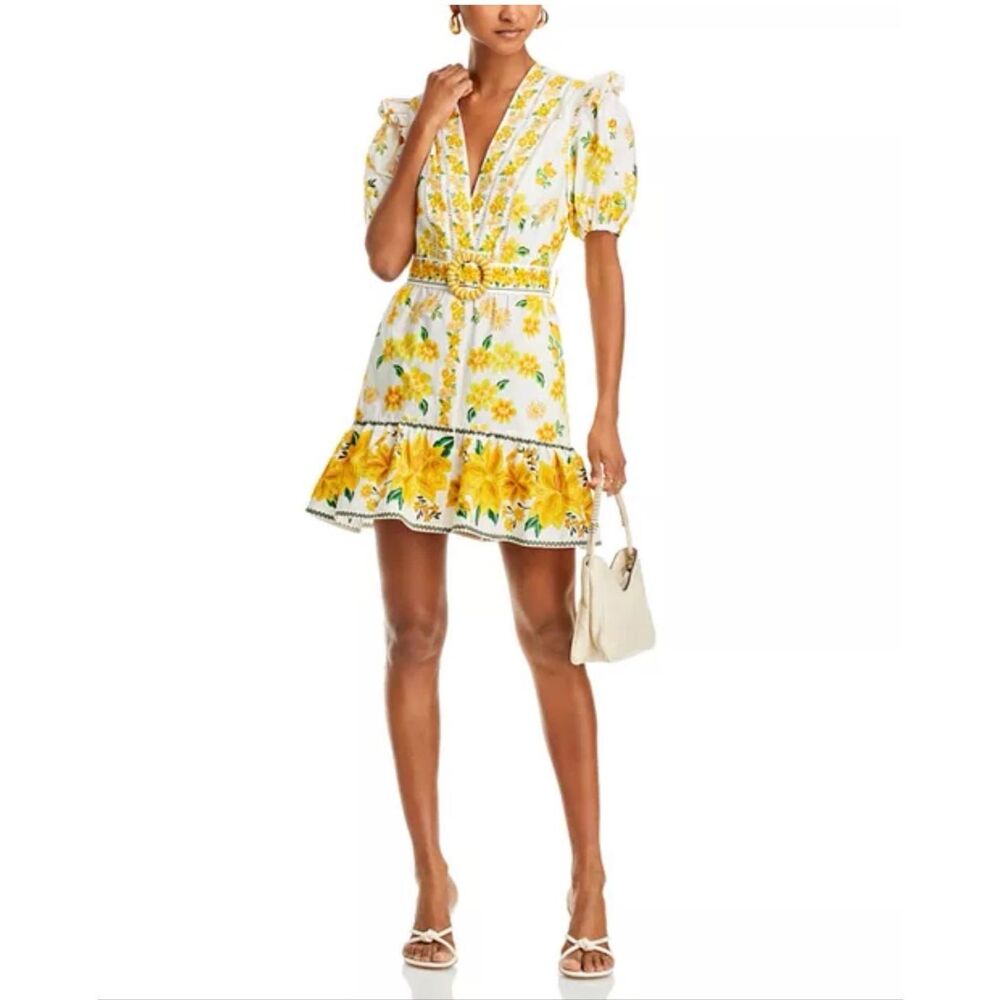 FARM Rio Azaleia Mini Dress M Yellow Floral Cotton Puff Sleeve V-Neck Missing Be